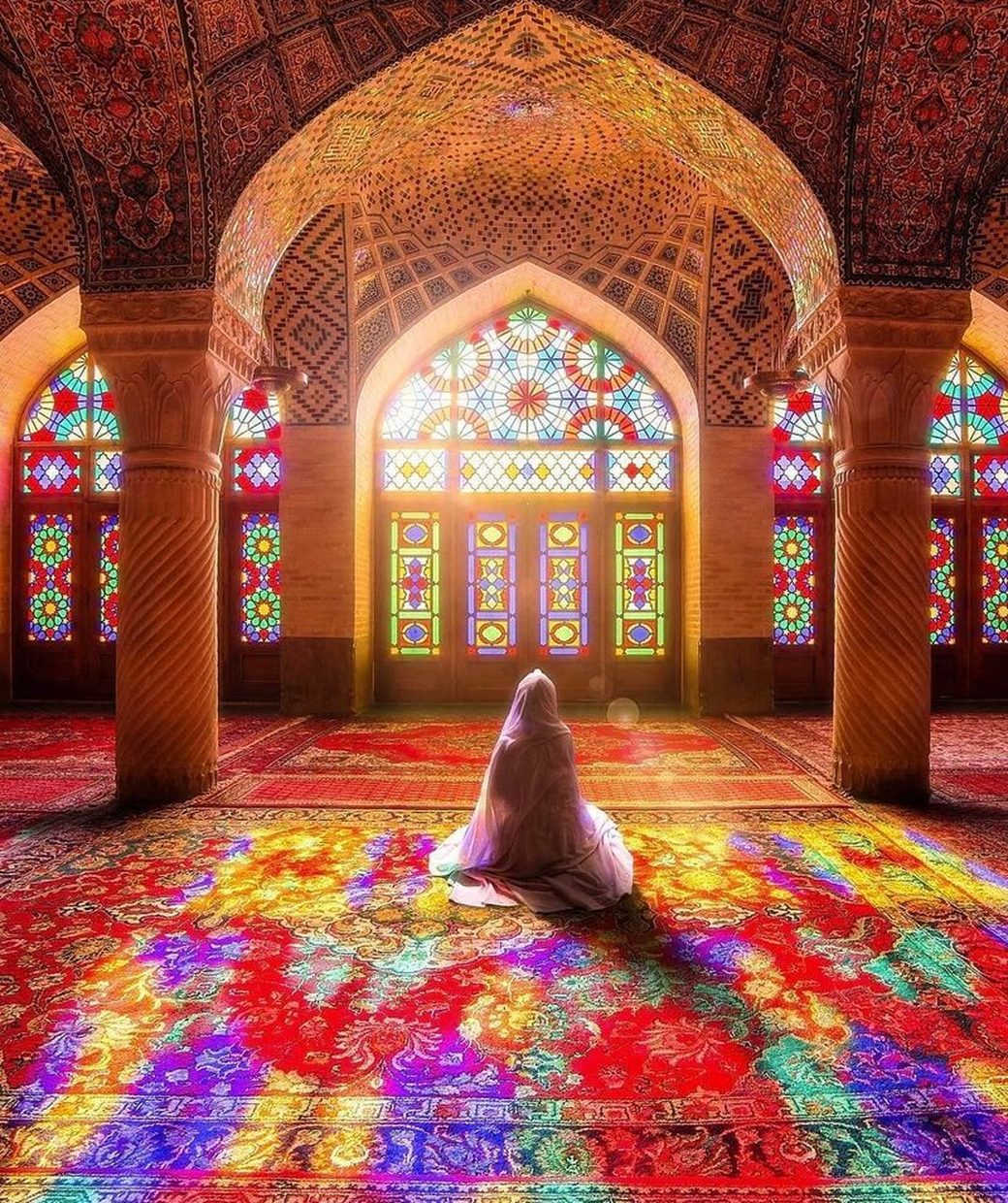 Morning light through the stained glass of the Nasir al-Mulk Mosque in Shiraz