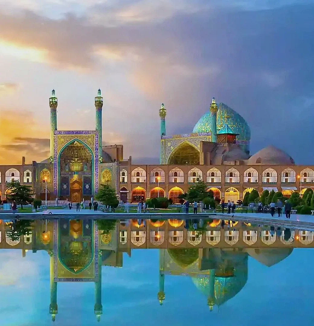 Naqsh-e Jahan Square reflected at dusk, Isfahan, Iran