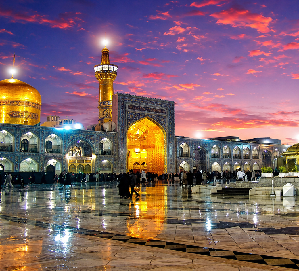 Imam Reza Shrine illuminated at dusk, Mashhad, Iran