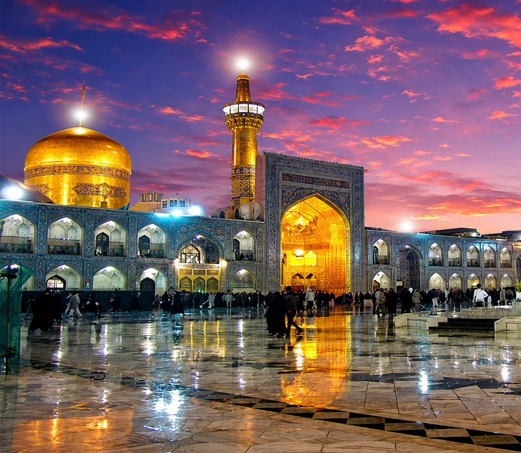Imam Reza Shrine illuminated at dusk, Mashhad, Iran