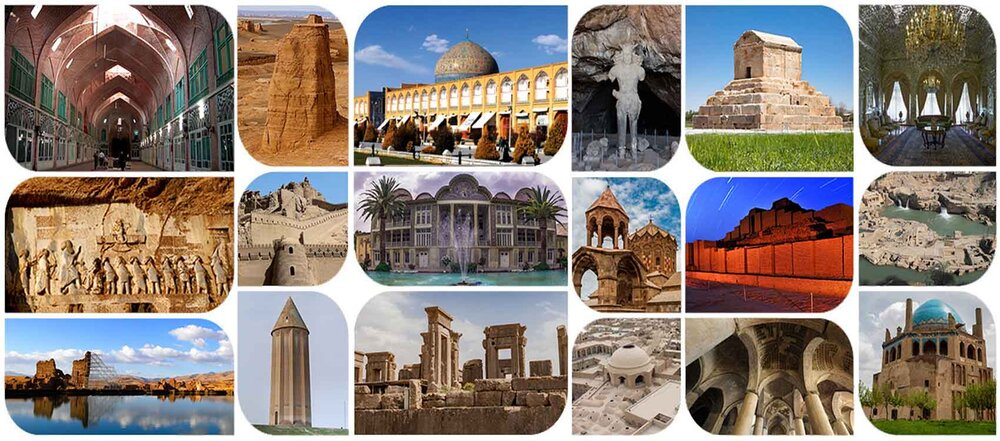 Collage of UNESCO World Heritage Sites in Iran, including Persepolis, Naqsh-e Jahan Square, Tabriz Bazaar and Soltaniyeh