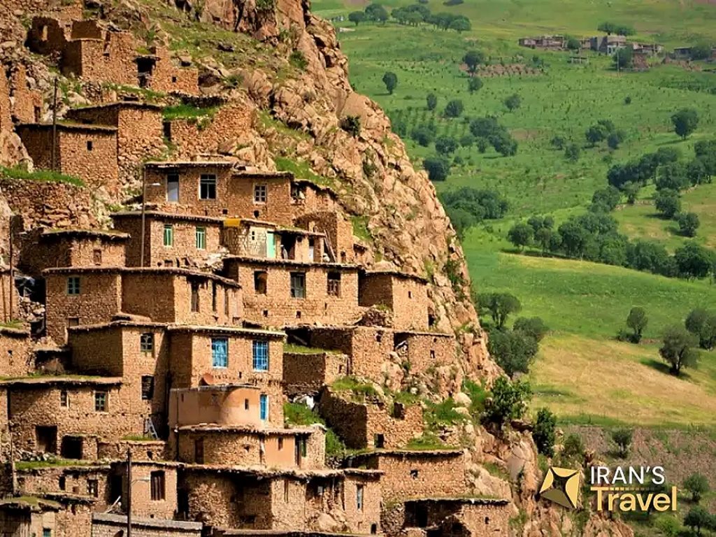 Terraced stone and mud-brick village on a steep hillside in Hawraman, Kurdistan province, Iran